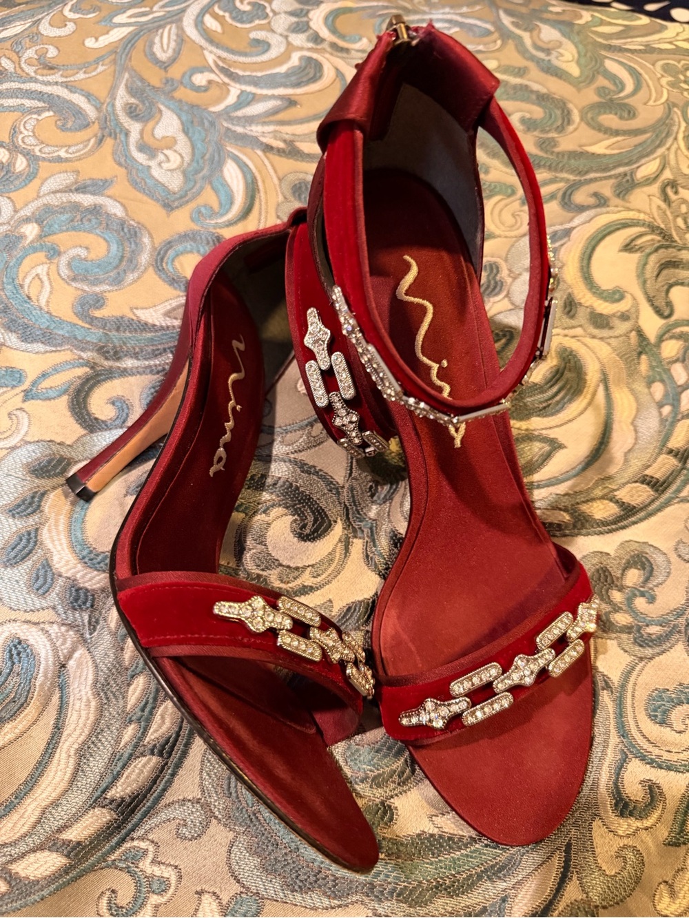 Nina Red Satin and Velvet Open-Toe Ankle Strap Heels with Rhinestone Chain